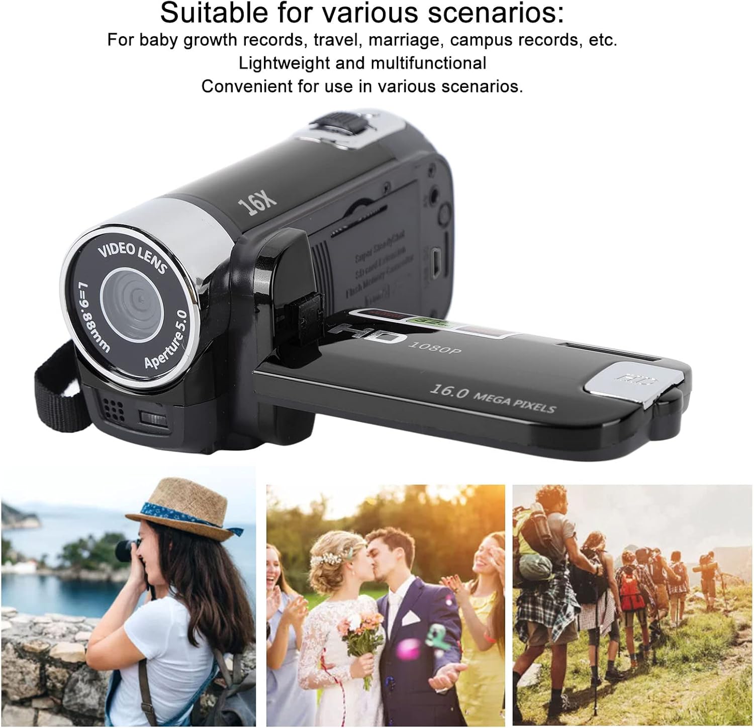 1080P HD Camcorder, 16MP DV Camera with 16x Digital Zoom, 2.7in TFT Rotatable Screen, Built-in Speakers, USB (Black) - Image 2