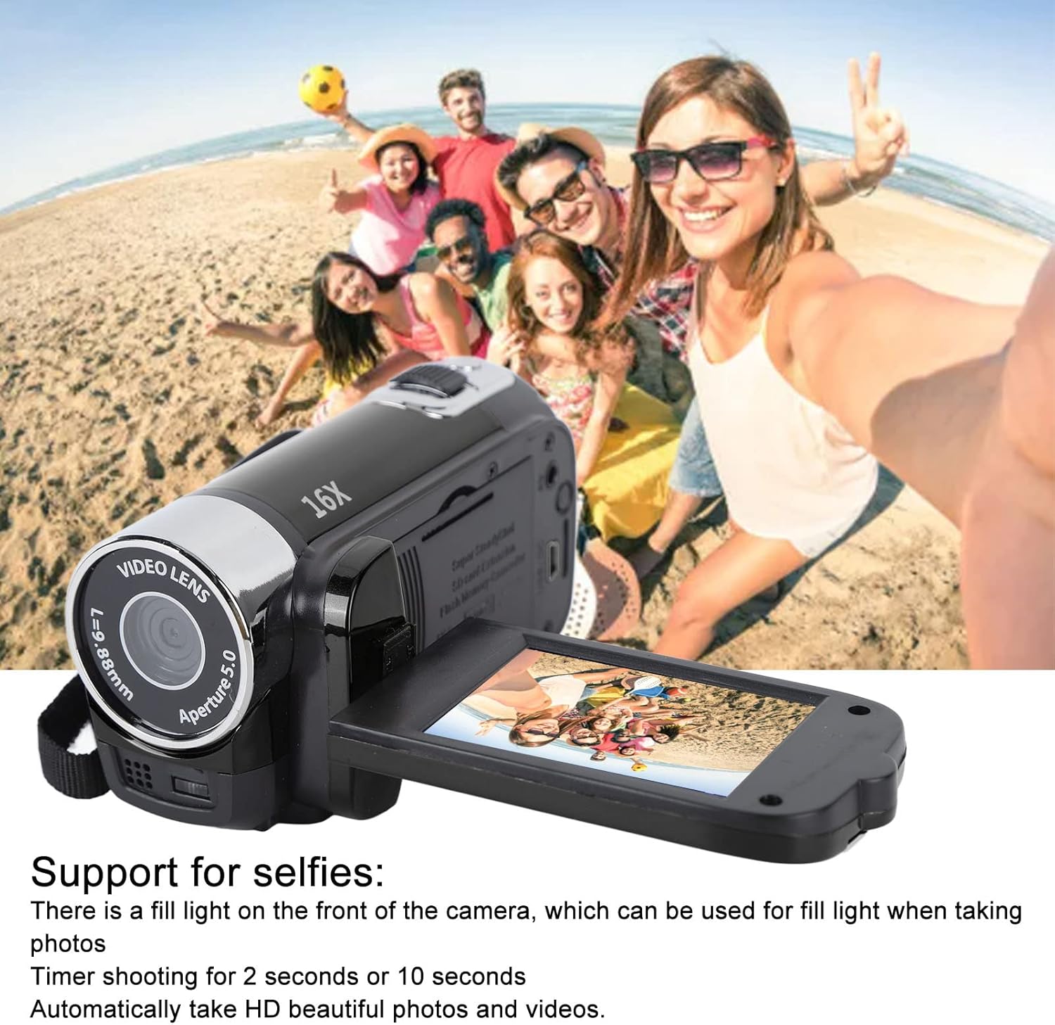 1080P HD Camcorder, 16MP DV Camera with 16x Digital Zoom, 2.7in TFT Rotatable Screen, Built-in Speakers, USB (Black) - Image 3