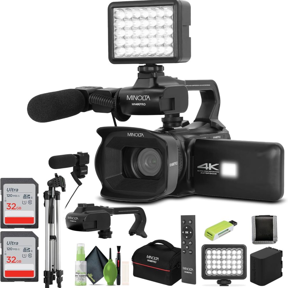 Minolta MN4KPRO 4K60FPS Ultra HD / 64 MP Autofocus Pro Camcorder Kit w/WiFi Bundle with Accessories