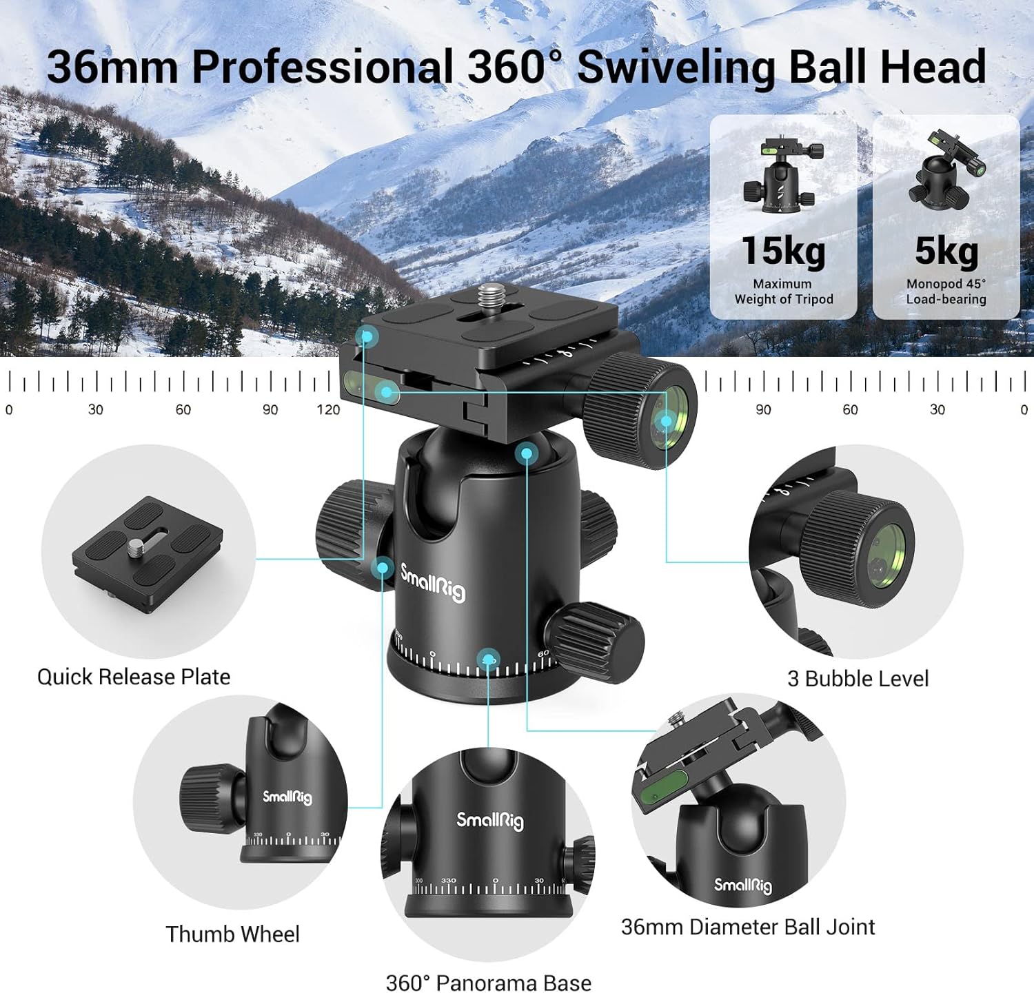 SmallRig Camera Tripod, 71" Foldable Aluminum Tripod/Monopod, 360°Ball Head Detachable, Payload 33lb, Adjustable Height from 16" to 71" for Camera, Phone - Image 3