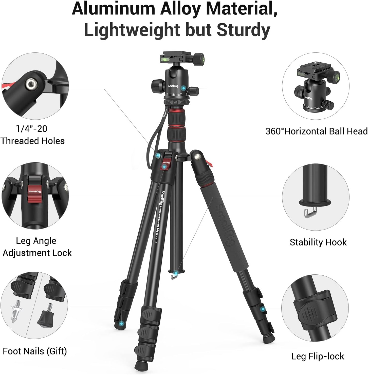 SmallRig Camera Tripod, 71" Foldable Aluminum Tripod/Monopod, 360°Ball Head Detachable, Payload 33lb, Adjustable Height from 16" to 71" for Camera, Phone - Image 4
