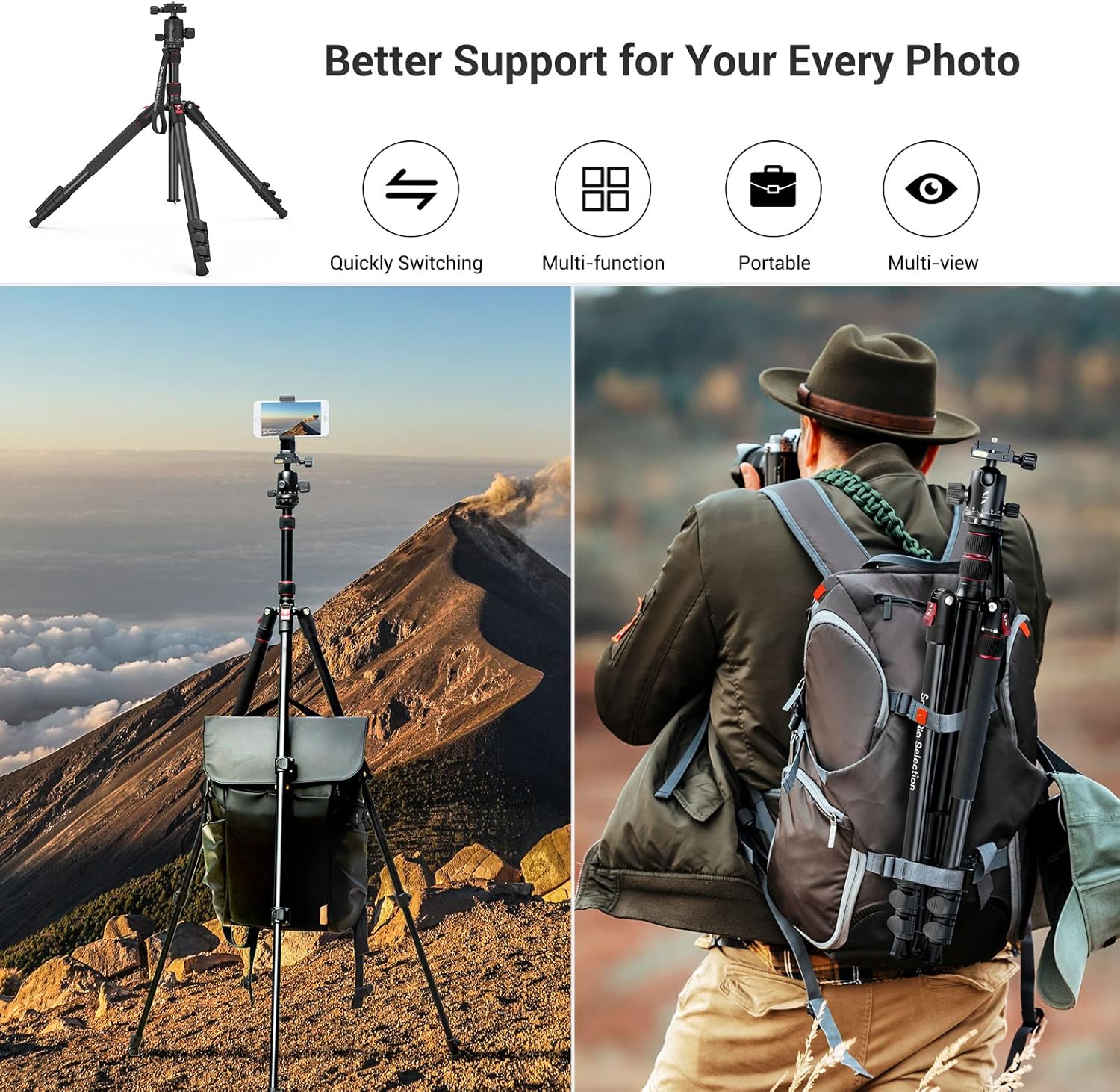 SmallRig Camera Tripod, 71" Foldable Aluminum Tripod/Monopod, 360°Ball Head Detachable, Payload 33lb, Adjustable Height from 16" to 71" for Camera, Phone - Image 7