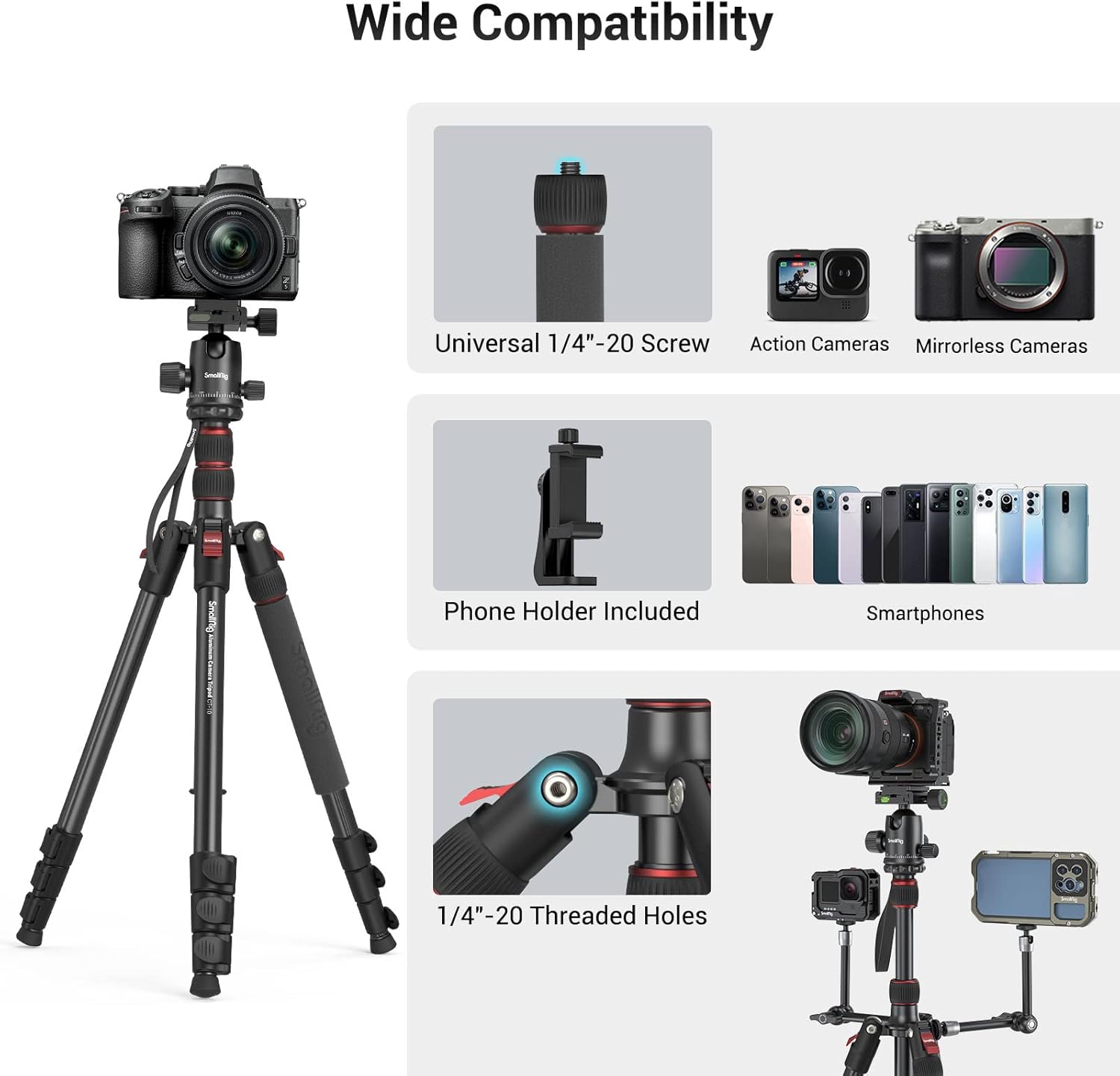 SmallRig Camera Tripod, 71" Foldable Aluminum Tripod/Monopod, 360°Ball Head Detachable, Payload 33lb, Adjustable Height from 16" to 71" for Camera, Phone - Image 8