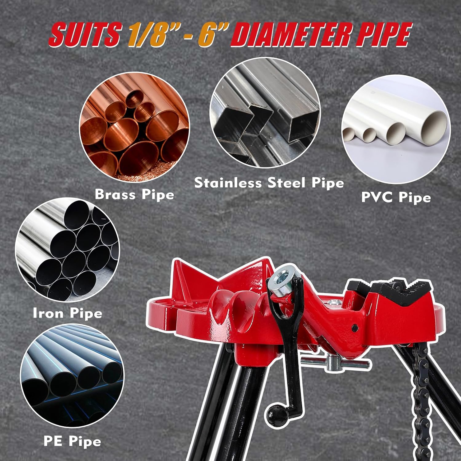 Tripod Pipe Chain Vise Stand, 1/8" -6" Capacity, Long-lasting Pipe Stand with Foldable Steel Legs for Pipe Cutting & Bending & Threading, for Pipefitters, Plumbers - Image 2