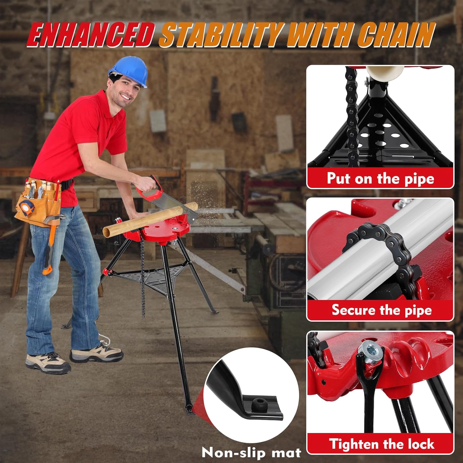 Tripod Pipe Chain Vise Stand, 1/8" -6" Capacity, Long-lasting Pipe Stand with Foldable Steel Legs for Pipe Cutting & Bending & Threading, for Pipefitters, Plumbers - Image 3